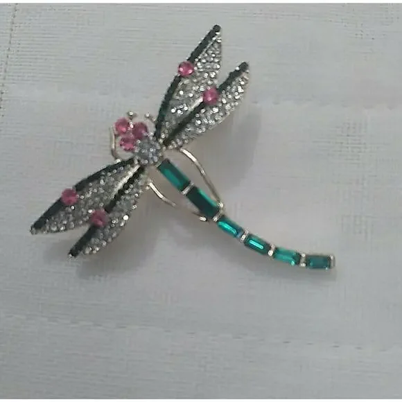 Oversized Dragonfly Brooch Pin Golden Tone Green Enamel Scarf Clip - Picture 3 of 5